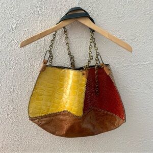 Beautiful paneled leather large purse multicolor bohemian brass chains